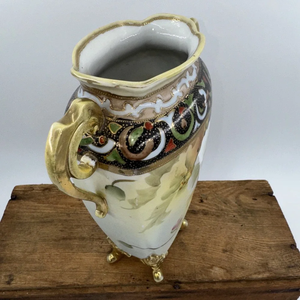 Vase Antique Nippon‎ Hand-Painted Porcelain w/Double Handle Floral Gold Gilt